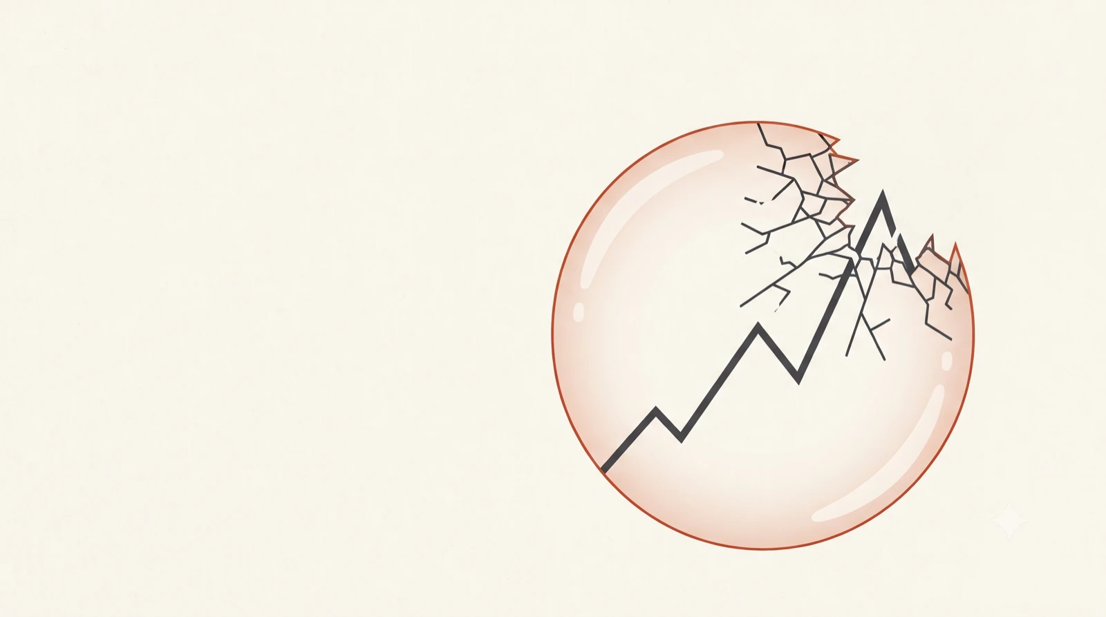 Ilustración de una burbuja translúcida cuya mitad derecha se resquebraja en fragmentos, mientras una línea de mercado sube hasta un pico dentro de ella.